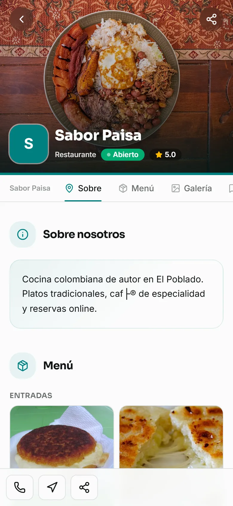 Página pública de Studio Aurora con foto de portada, valoración y pestañas de menú, galería y contacto (restaurante)