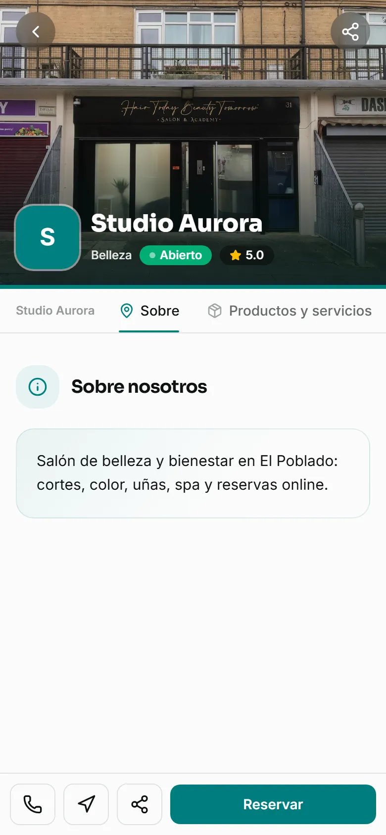 Página pública de Studio Aurora en el celular