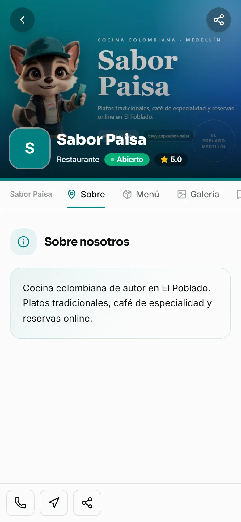 Página pública de Sabor Paisa en el celular