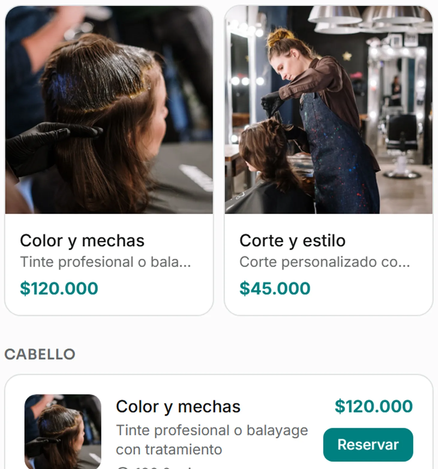 Detalle del catálogo con fotos por ítem (Salones, spas y barberías)