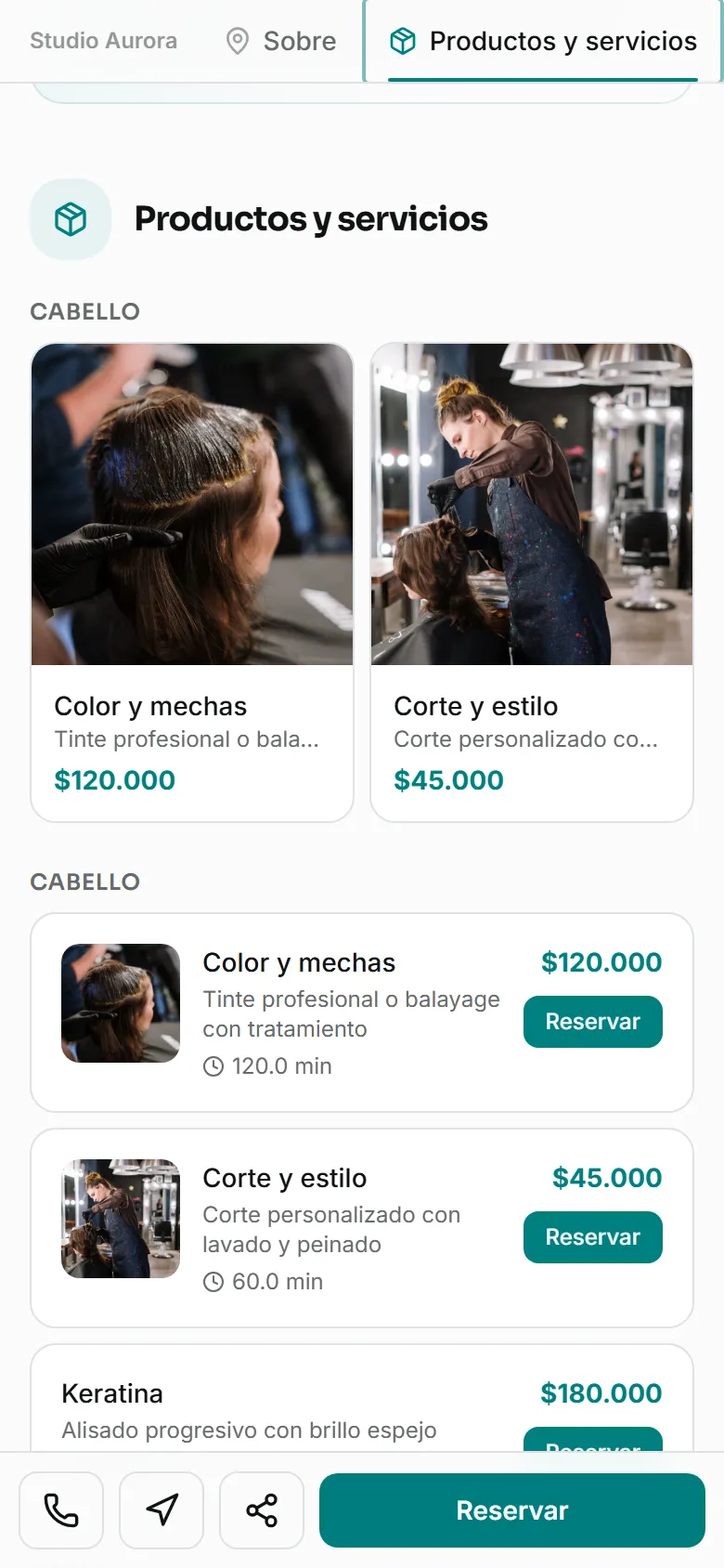 Página de servicios de Studio Aurora en el celular con precios y botón de reserva por WhatsApp
