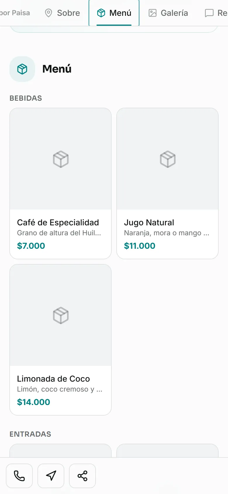 Menú digital de Sabor Paisa en el celular con categorías, precios y botón de pedido por WhatsApp