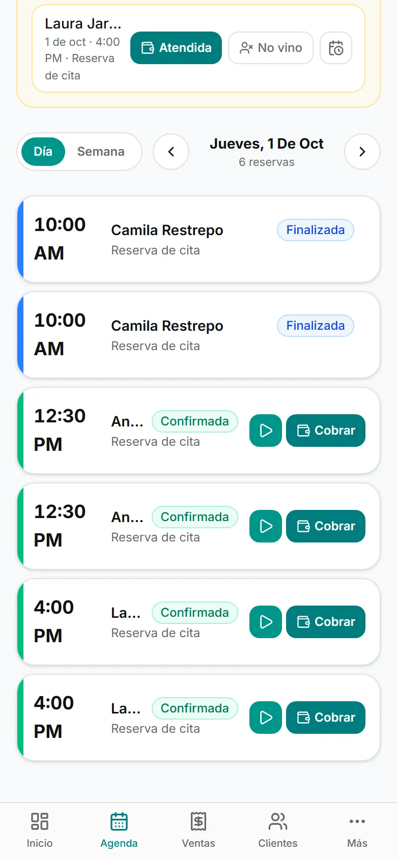 Agenda de Tuwy con citas del día, estados y acciones rápidas
