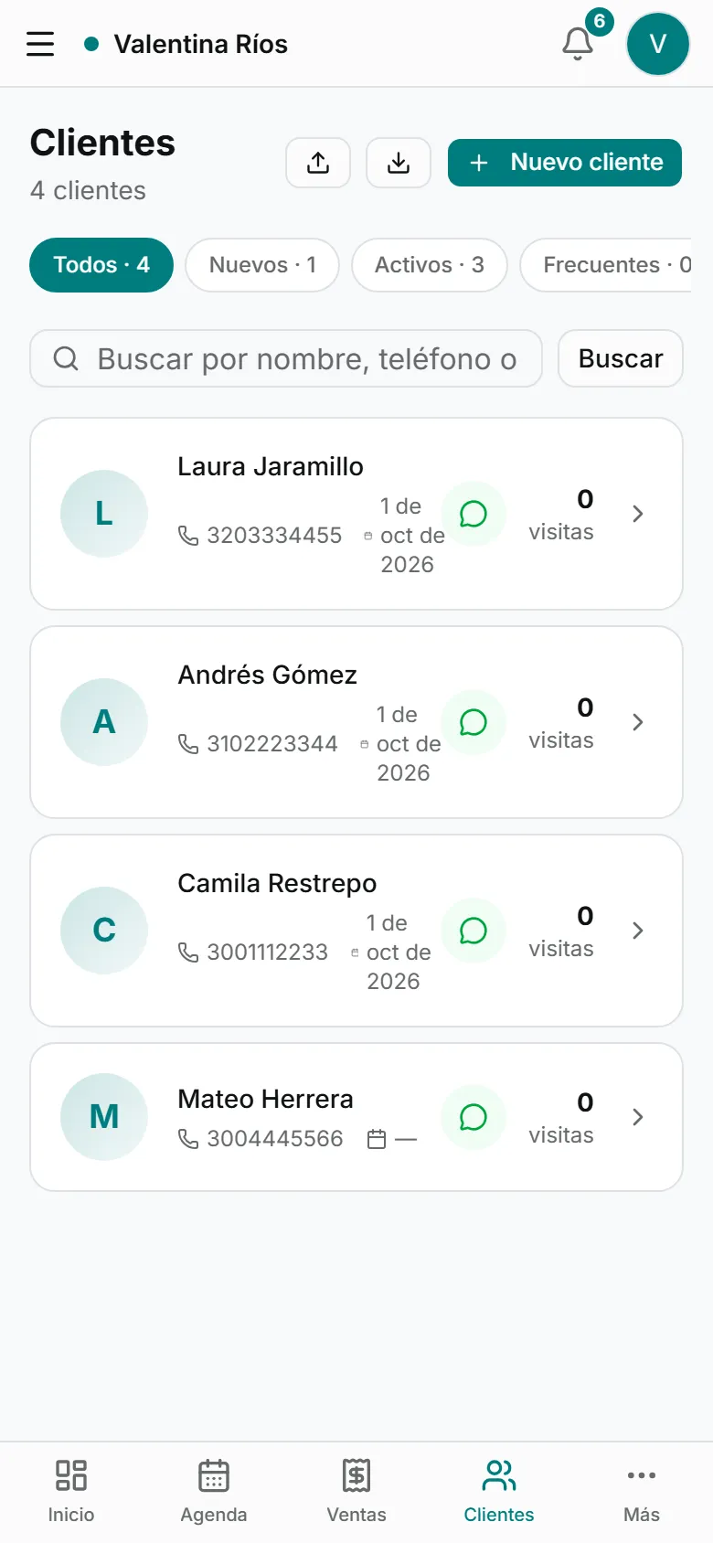 Clientes de Tuwy con historial, visitas y saldos
